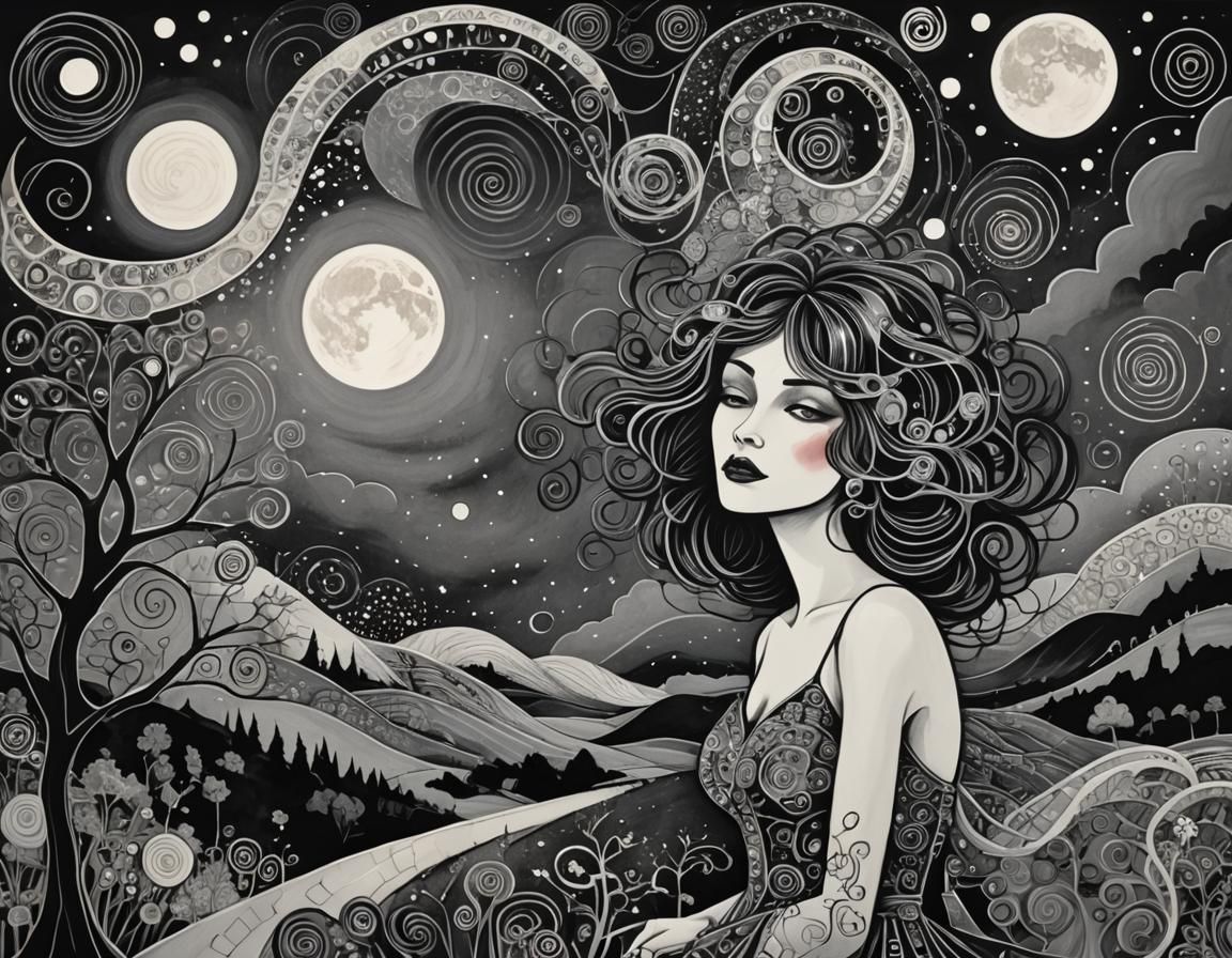 Whimsical Woman in Moonlit Comic Noir Landscape