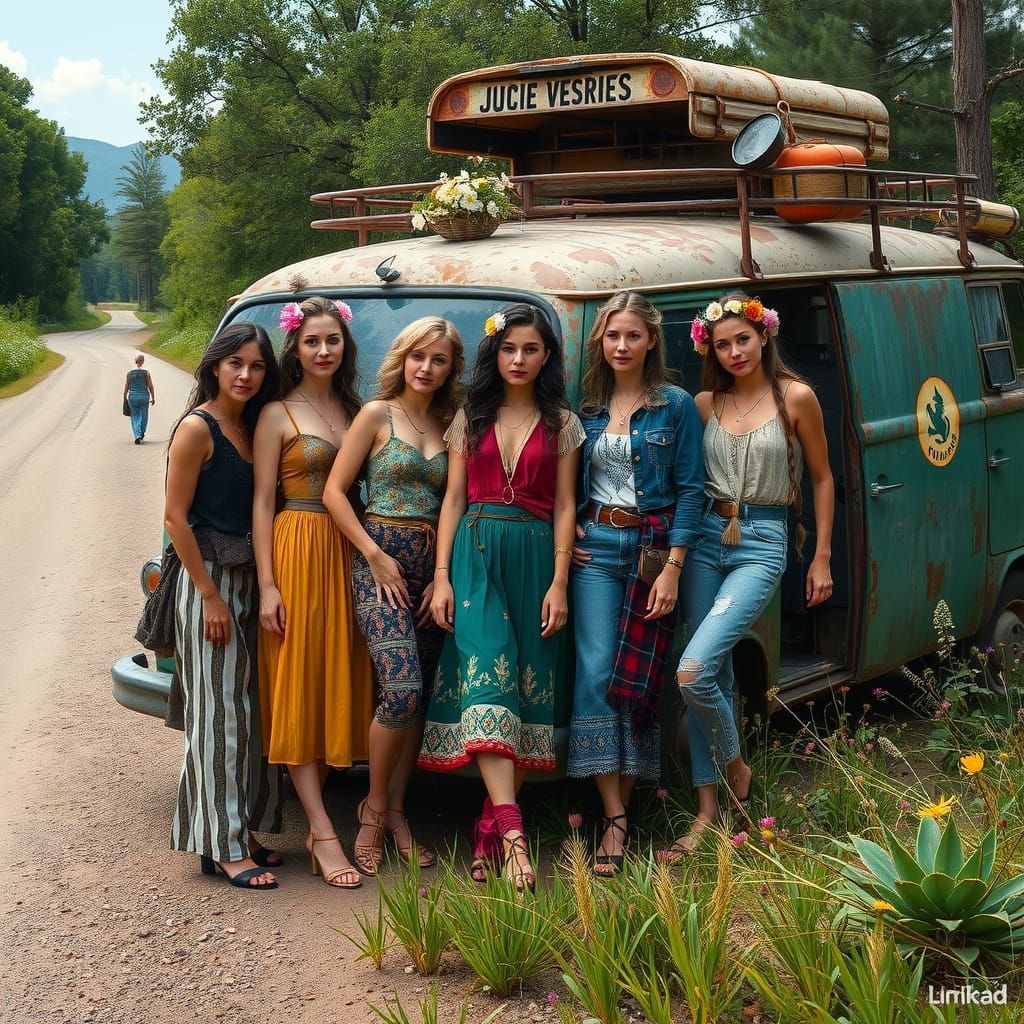 Women Gathered Around a Vintage Van in a Lush Landscape