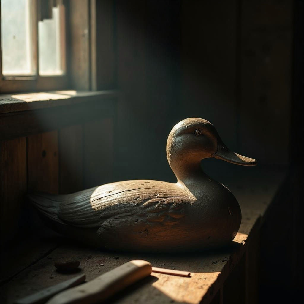 Vintage Wooden Mallard Decoy in Cinematic Attic Lighting
