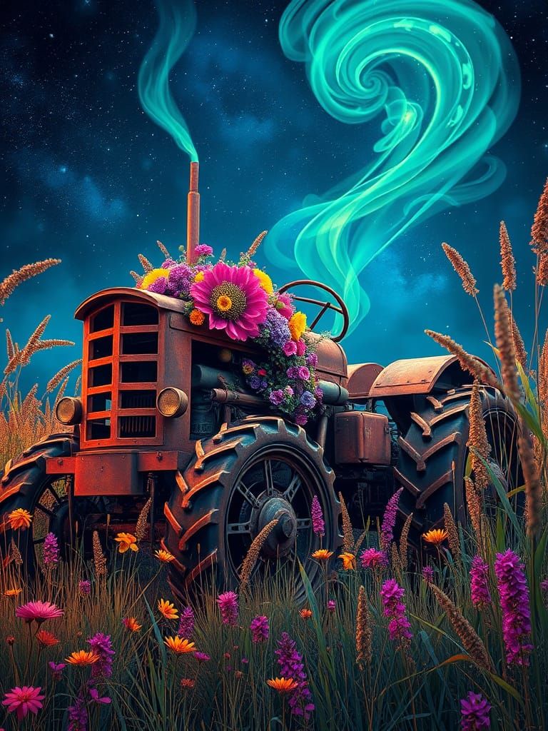 Surreal Tractor Sculpture with Bioluminescent Garden