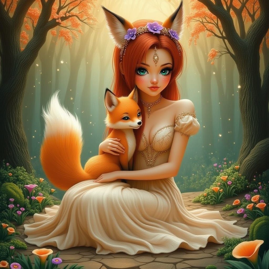 Fairytale Forest Scene: Woman and Fox in Dreamy Light