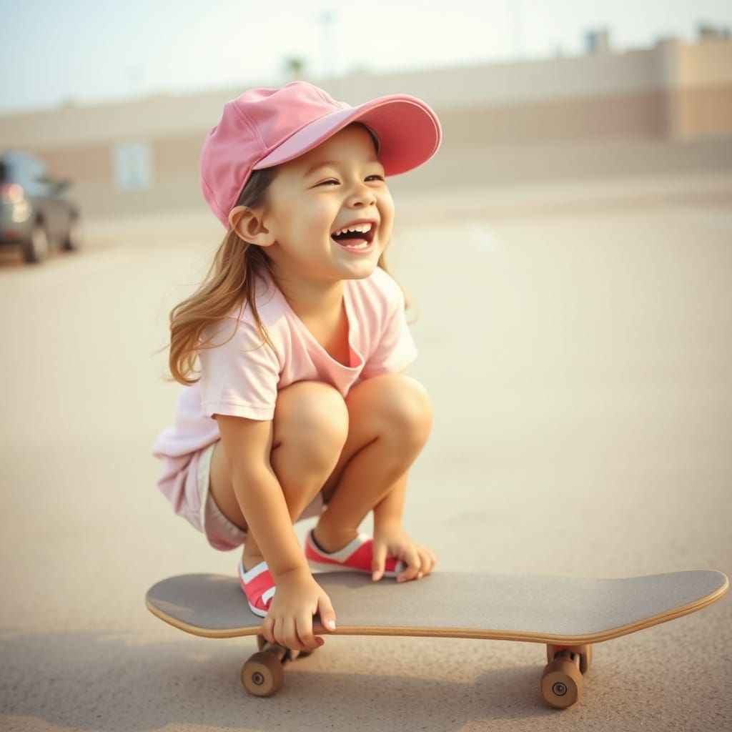 Laughing Girl on Skateboard: Vintage Summer Photo