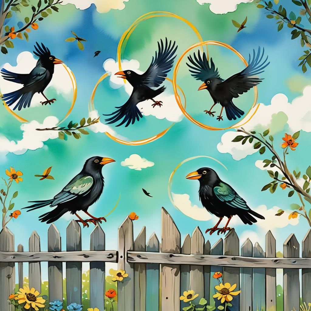 Playful Cartoon Crows in Whimsical Illustration Style