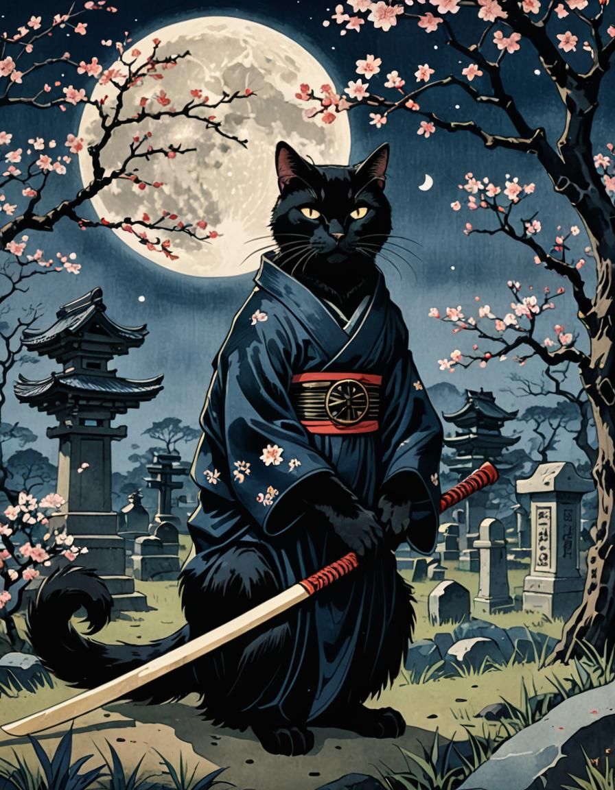 Black Cat as Death in Moonlit Graveyard