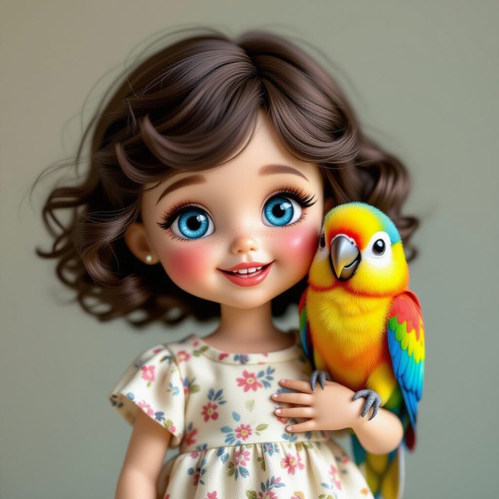 Funny Doll with Blue Eyes Holding Parrot, Making a Winky Fac...