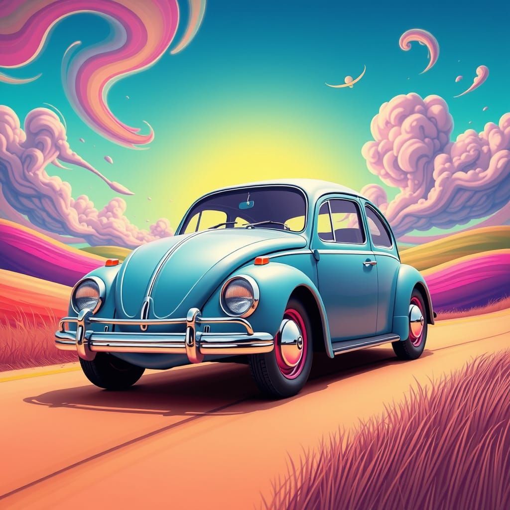 Vibrant VW Beetle Cartoon in Playful, Exaggerated Style
