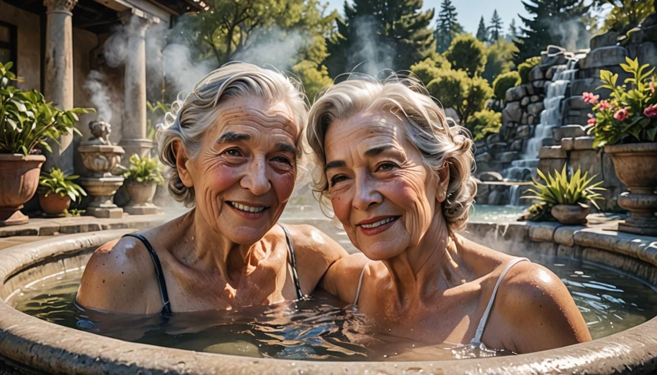 Elderly Couple Enjoying Hot Springs as Cartoon Caricature