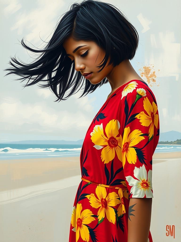 Young Indian woman with short, dark flowing hair, likely 20-...