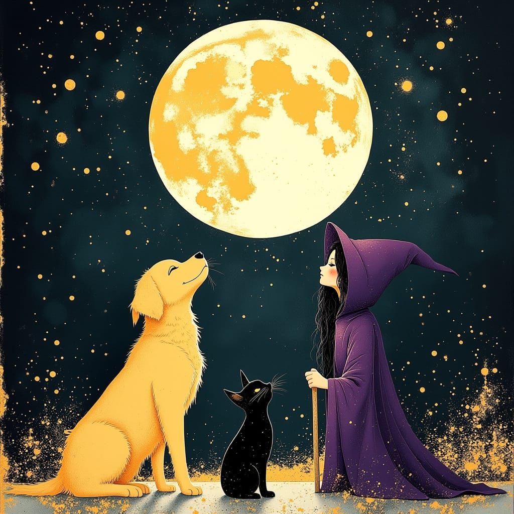 Dog, Cat, and Witch Under a Full Moon in Storybook Style