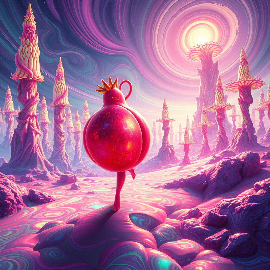 Pomegranate Humanoid Navigates Surreal Dreamscape