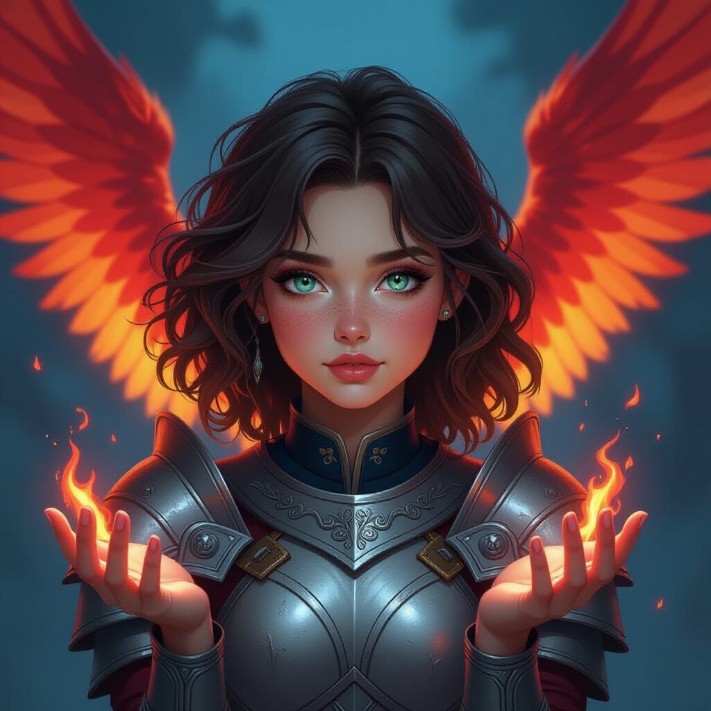 Fantasy Warrior Girl With Fiery Phoenix Wings