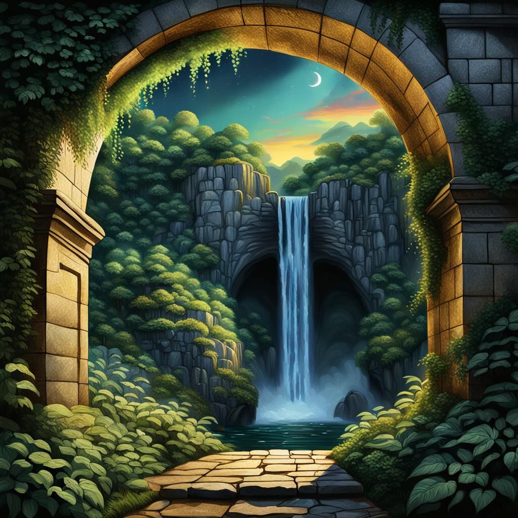 Lush Landscape with Archway in Digital Art Style