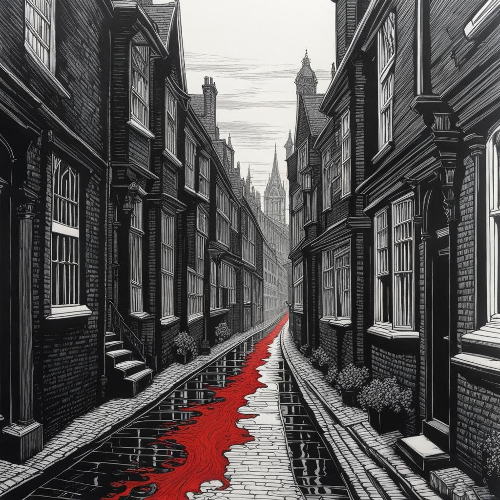 Victorian Alleyway with Red River in Noir Style