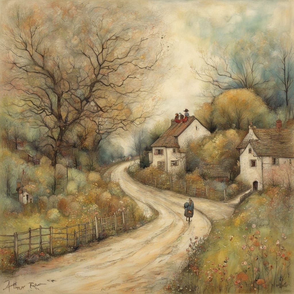 Whimsical Countryside Lane in Soft Pastel Colors