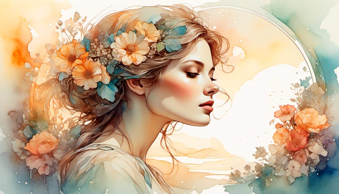 Floral Woman in Sunset, Art Nouveau Style