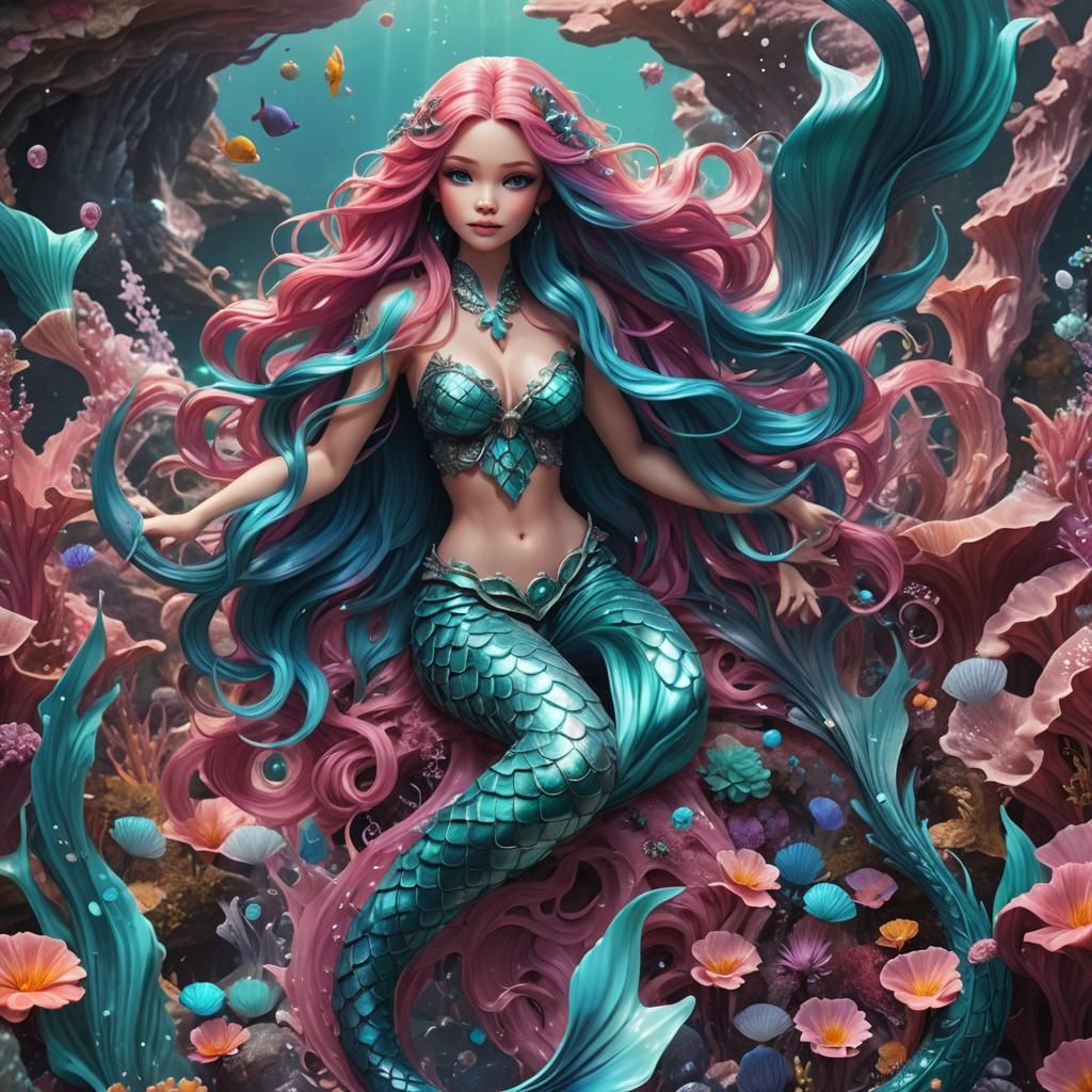 Fantasy Mermaid with Flowing Hair, Digital Art