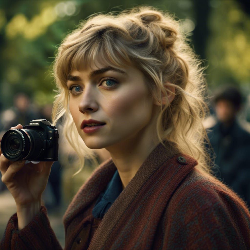 Woman Taking Photos in London Park, Matte Painting