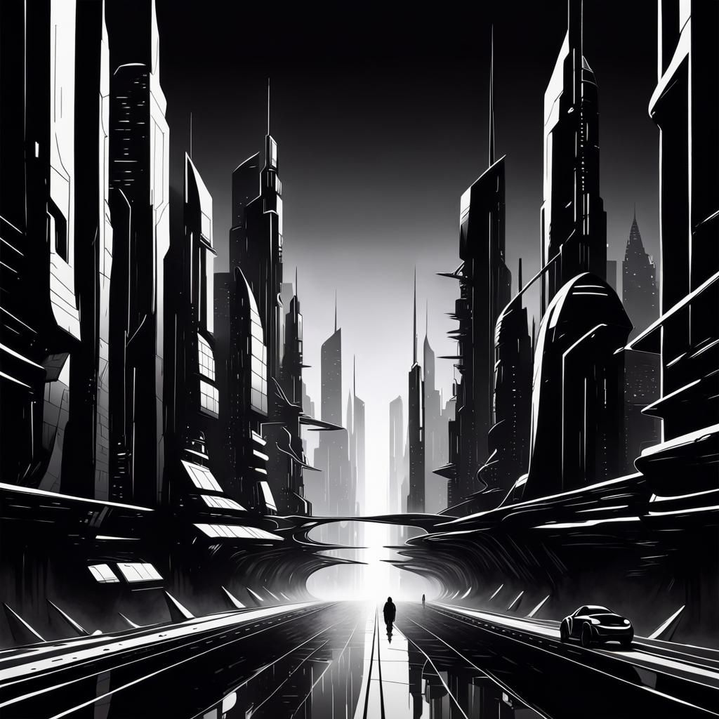Futuristic Cityscape in Minimalist Ink Line Art