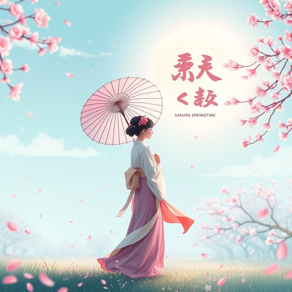 Woman in Sakura Garden with Holographic Title