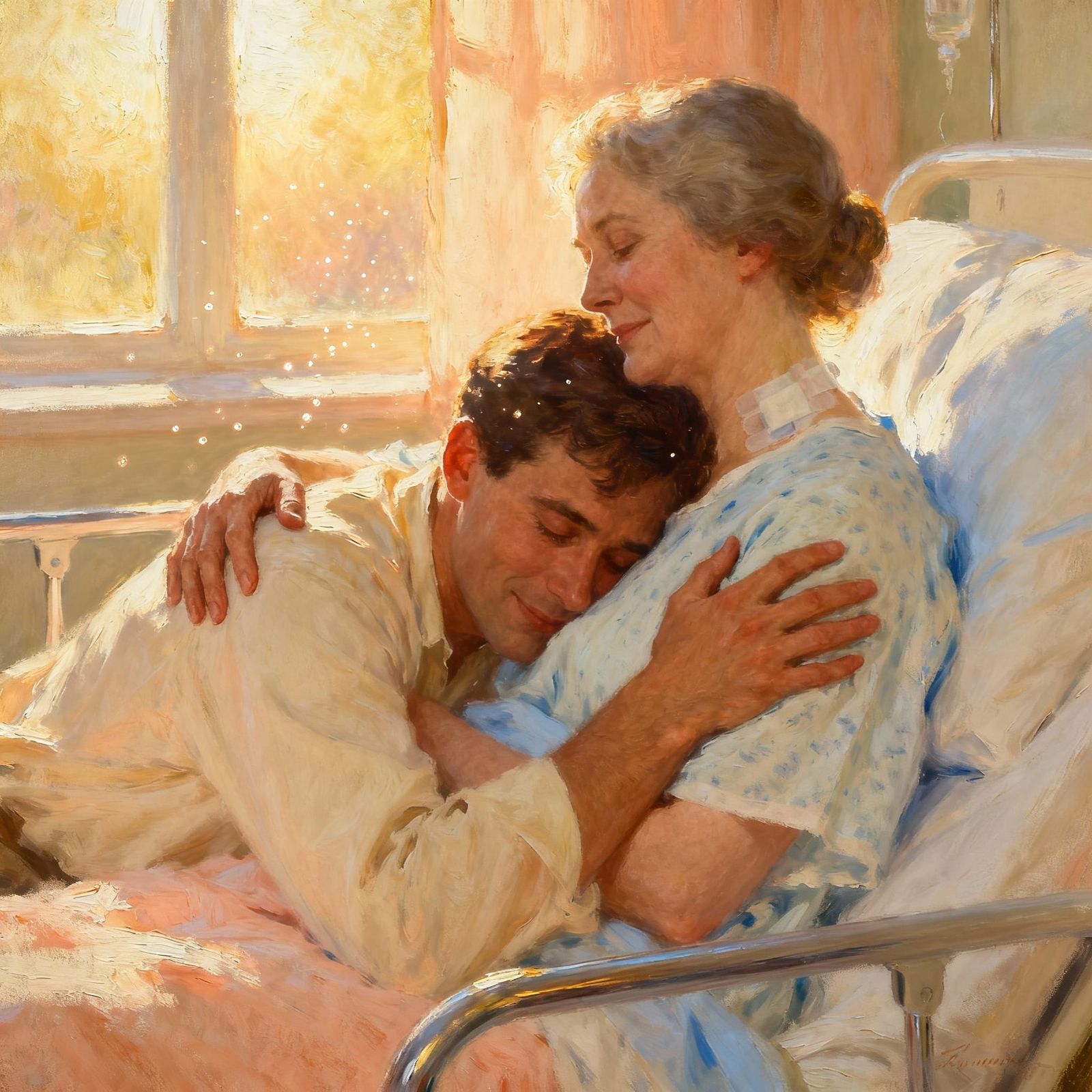 Son Embraces Mother After Surgery in Warm Hospital Glow