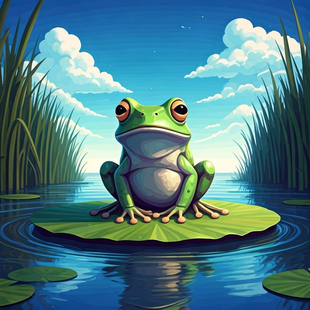 Frog on Lilypad in Low-Poly Pixel Art Style