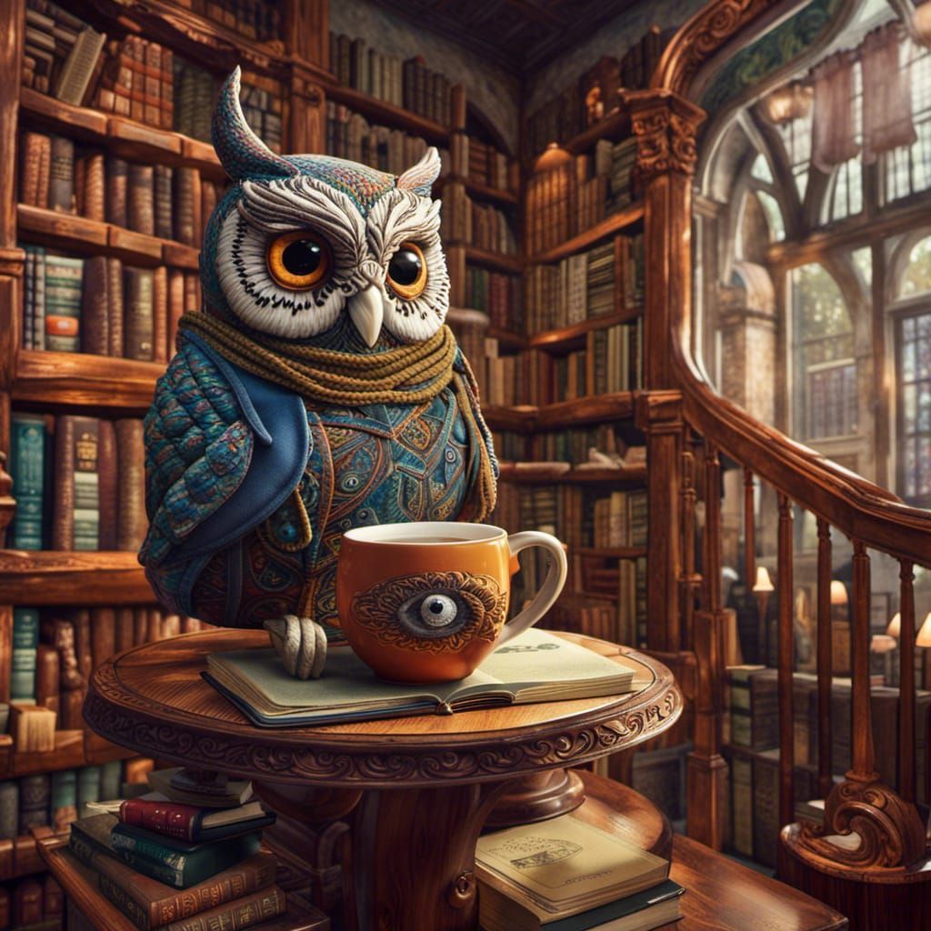 Owl Shopkeeper at Bookstore Cafe in Fantasy Art