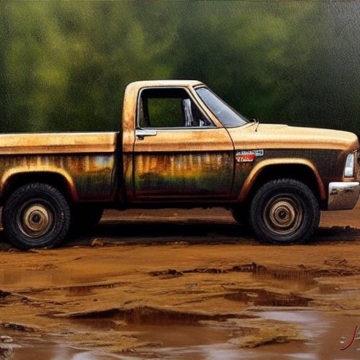 Ram 1500 Truck in Mud: Oil Painting Style