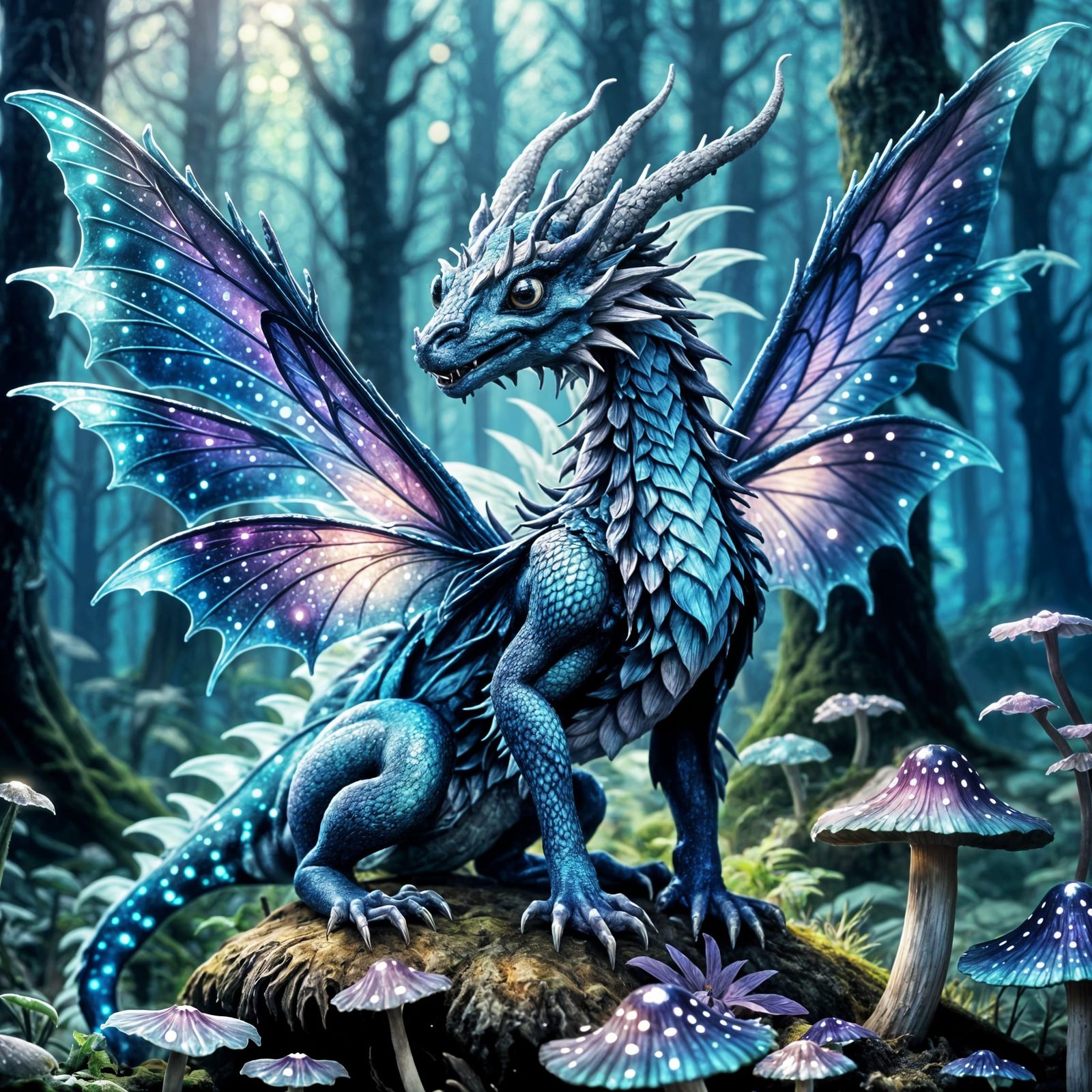 Ethereal Indigo Fairy Dragon in Mystical Forest