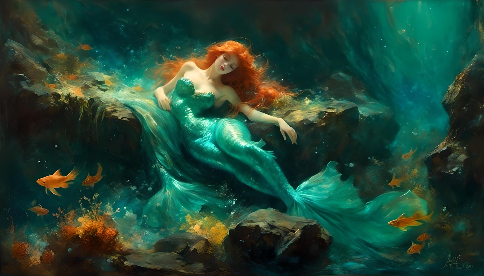 Ginger Ariel Mermaid in Dark Grotto Oil Painting