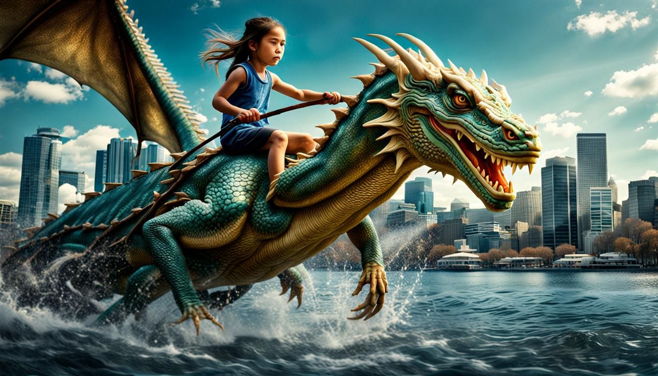Girl Rides Water Dragon in Hyperrealistic Cityscape