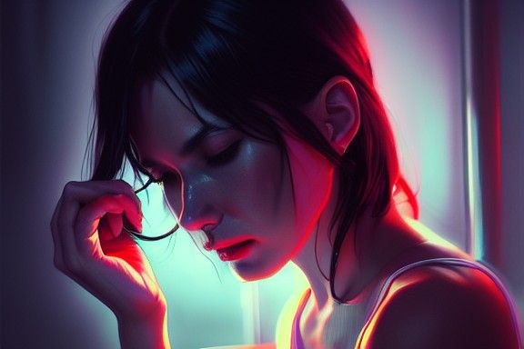 Lost Woman in Neon Cityscape: Hyper-Realistic Art