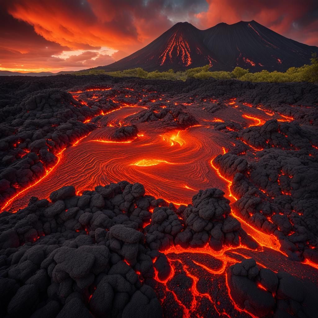 Volcanic Lava Flows in Golden Hour Lighting