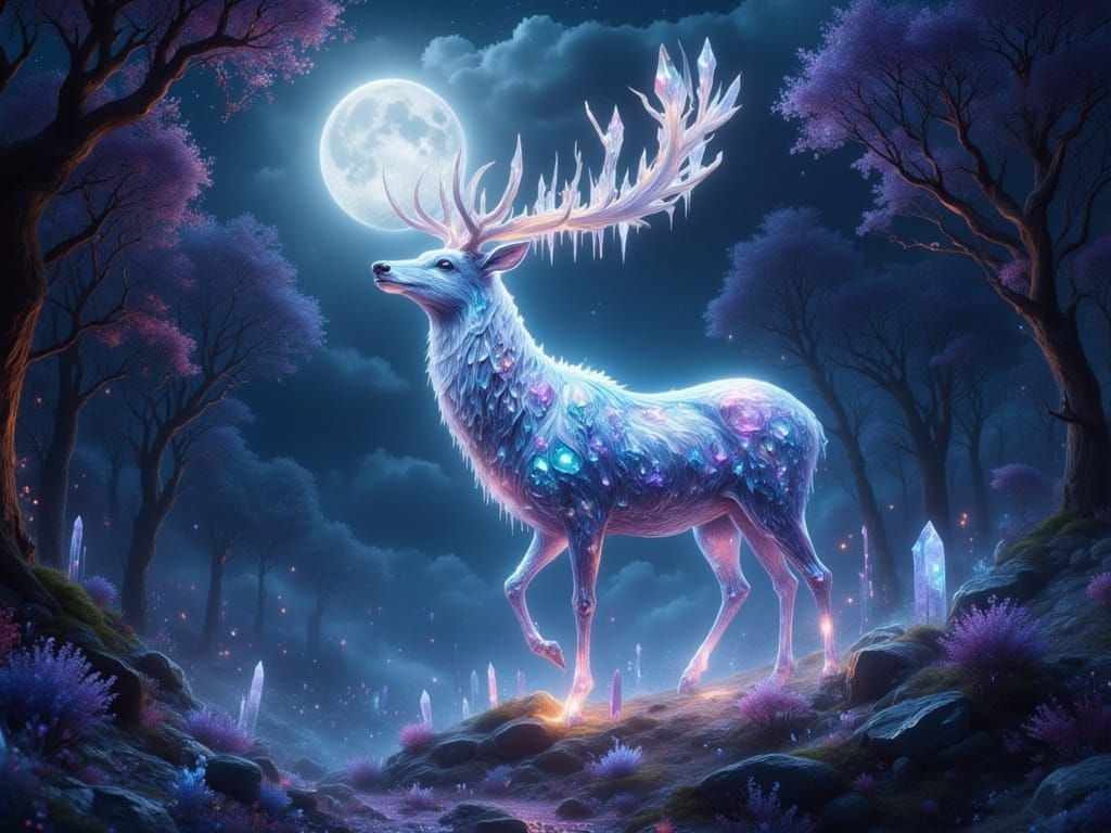 Majestic Crystal Stag in Moonlit Forest