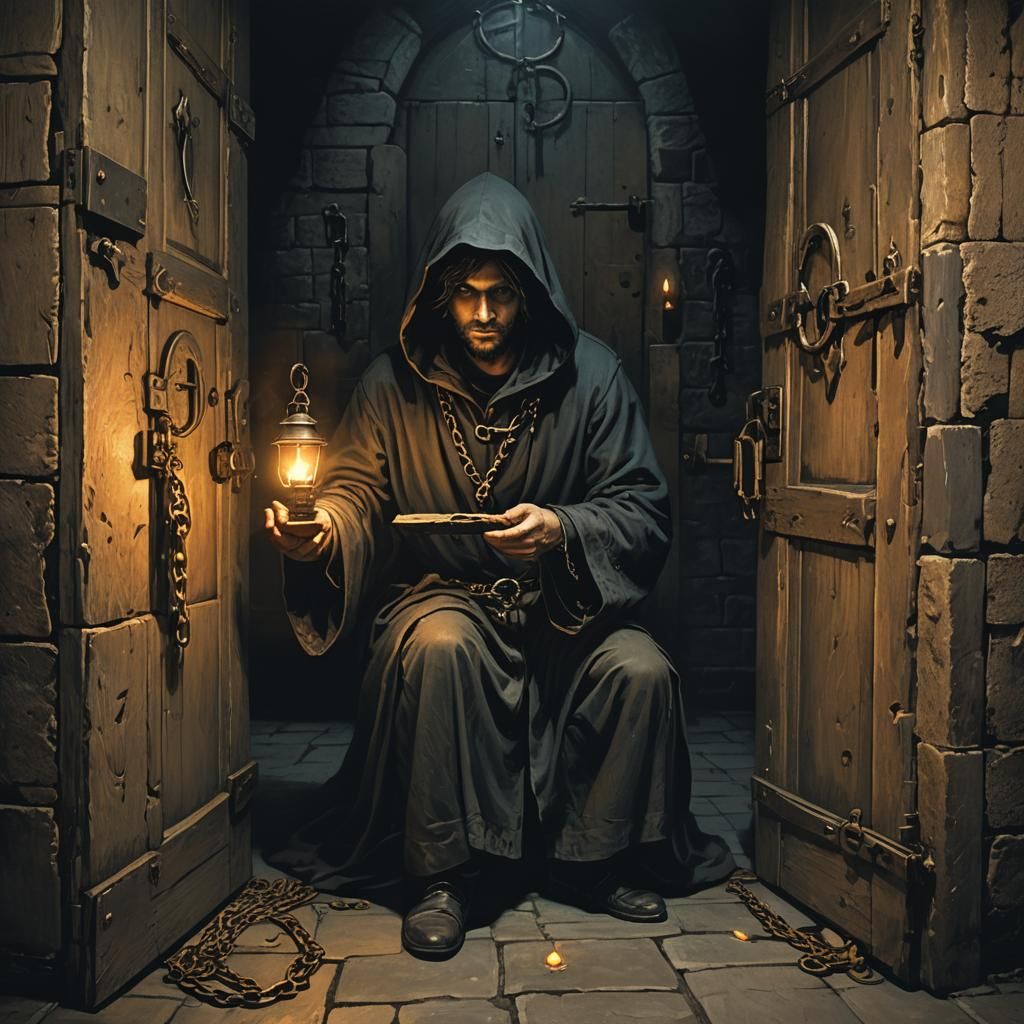 Key Master in Dark Underground Chamber by Candlelight