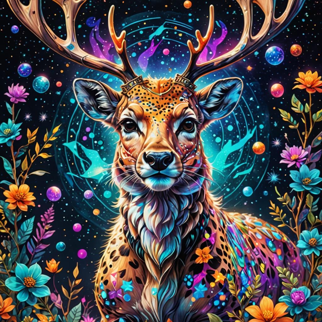 Cute hybrid reindeer crossed with a cheetah 8k resolution holographic astral cosmic illustration mixed media by Pablo Am...