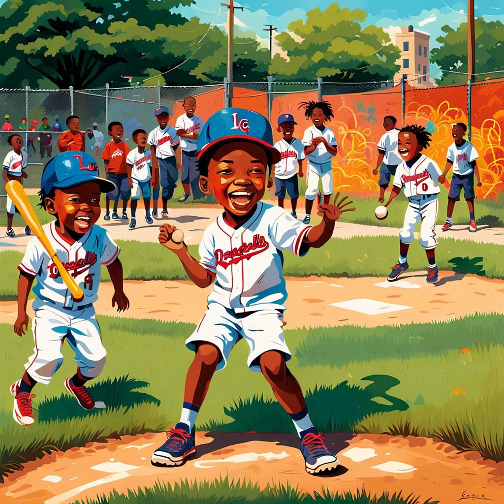 Children Playing Baseball with Geometric Patterns