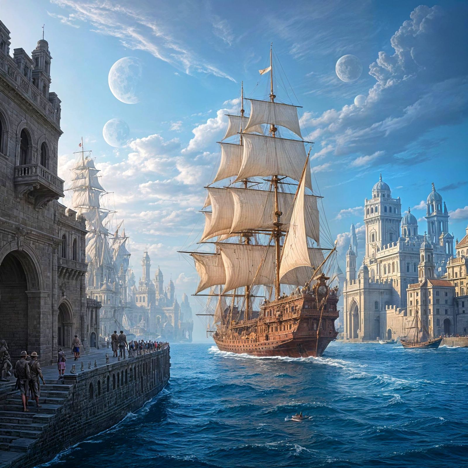 A vintage baroque-style sailing ship leaving the harbor of a...