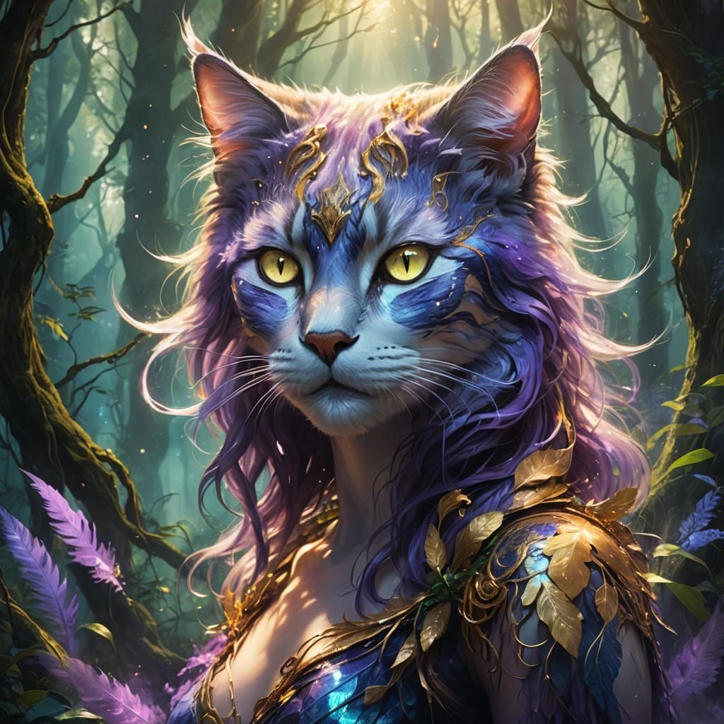 Ethereal Cat-Woman Fusion in Dreamlike Forest