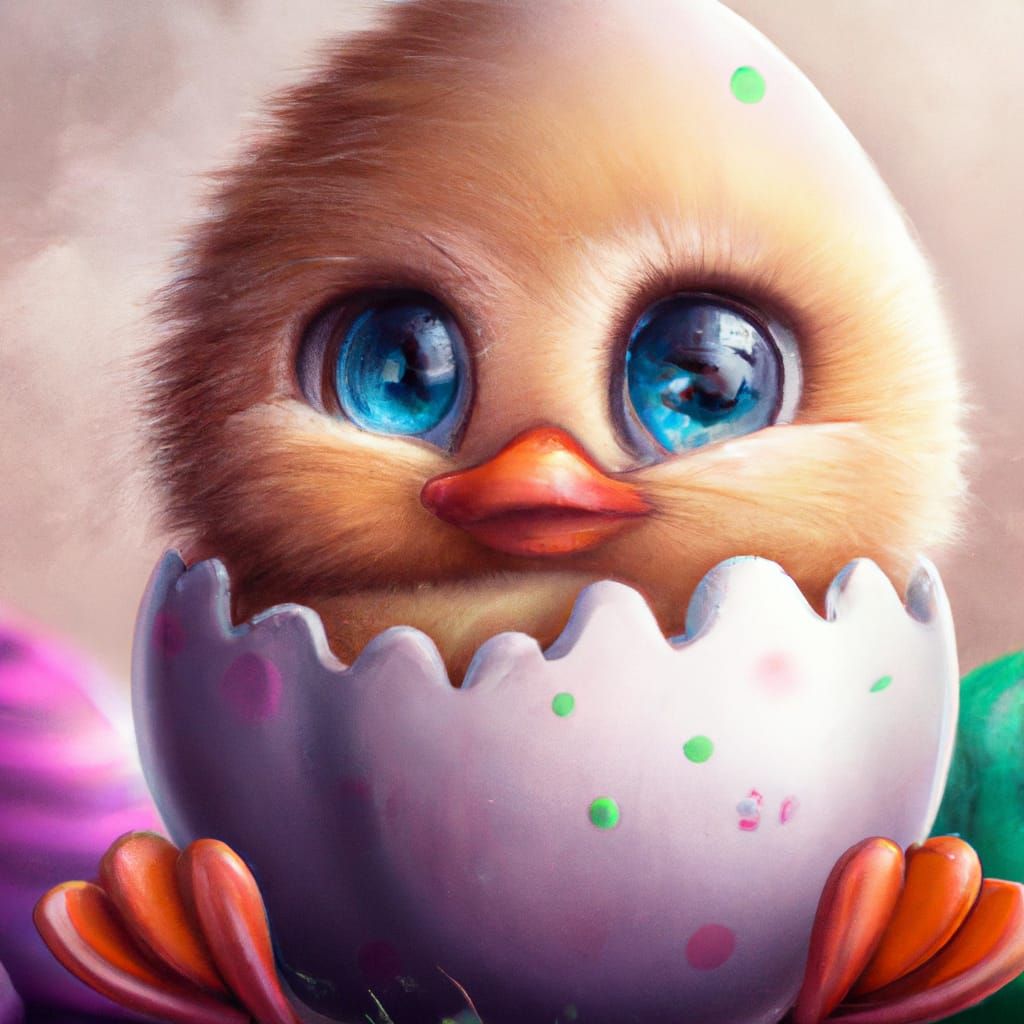 Kawaii Fluffy Duck on Easter Egg, Digital Painting