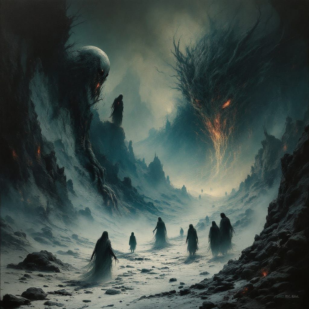 Hellish Landscape with Satan and Horrors in White and Blue