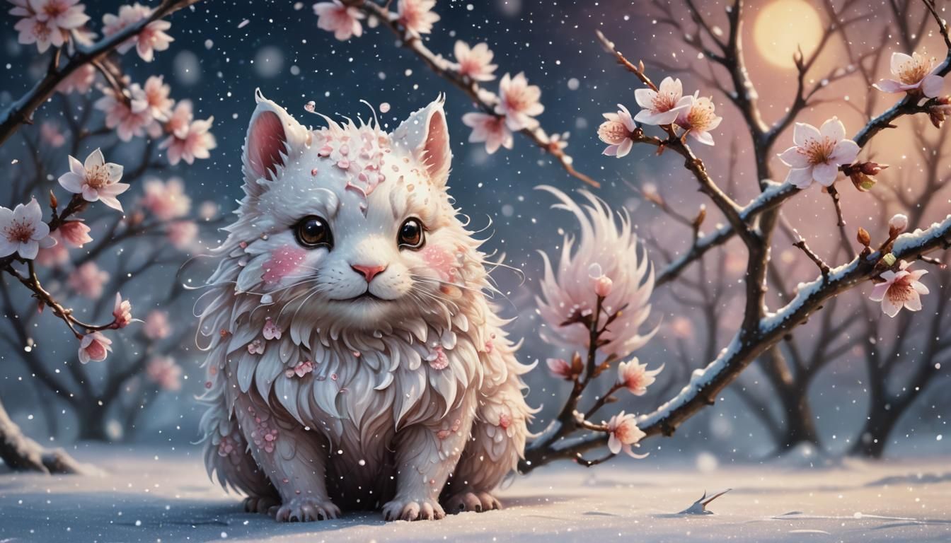 Cute Cherryblossom Creature in Snowy Landscape
