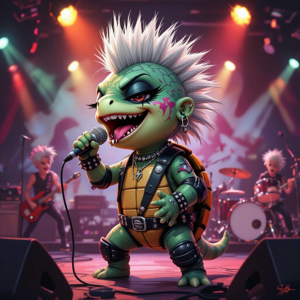 Chibi Punk Rock Turtle Concert in Oil Realism