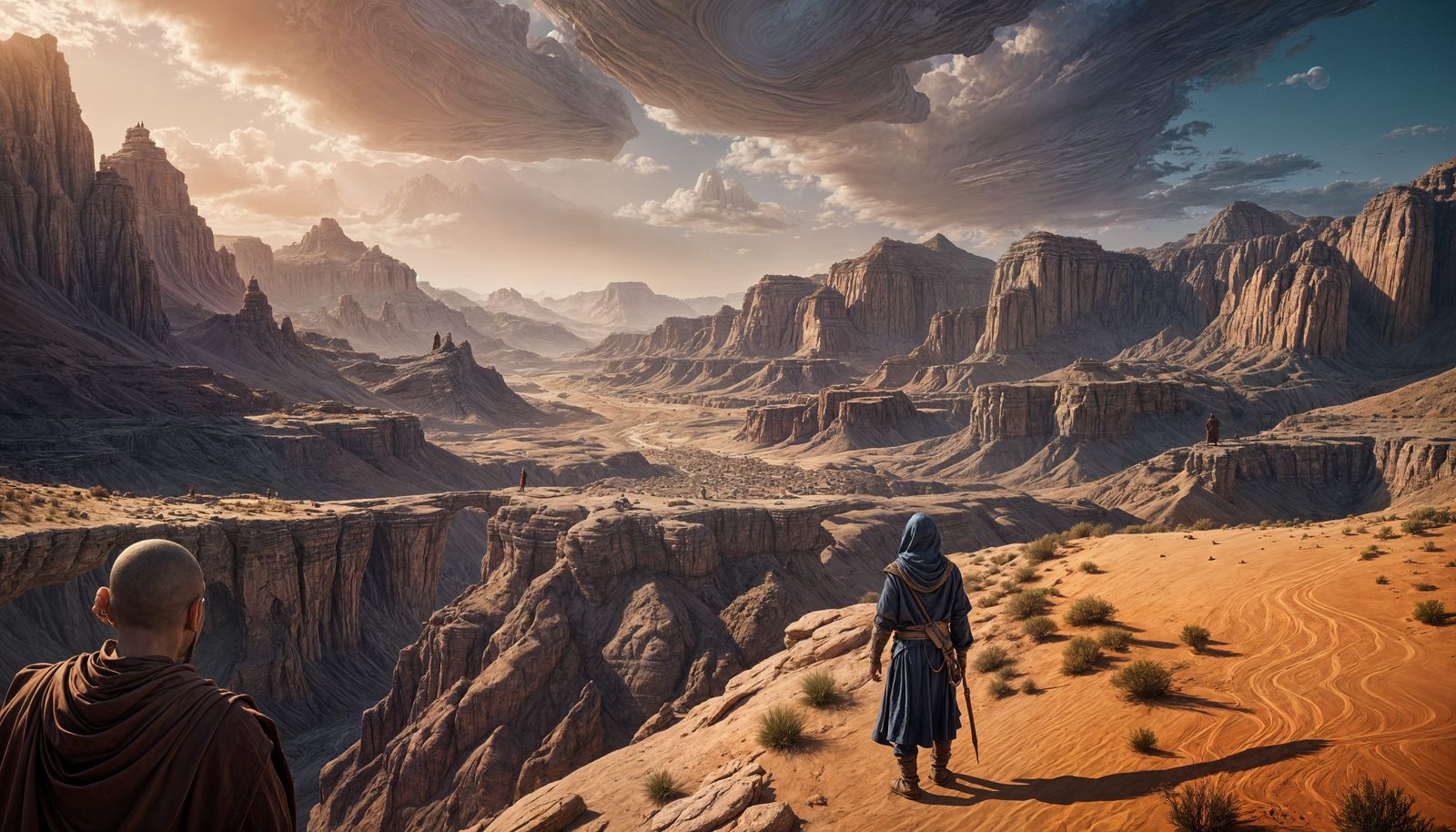 Desertmonks walking alongside a canyon into the desert