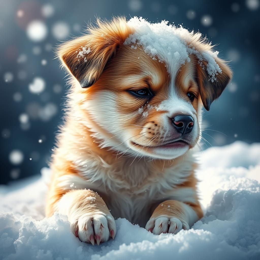 Snowy Puppy Portrait in Hyperrealistic Splash Art