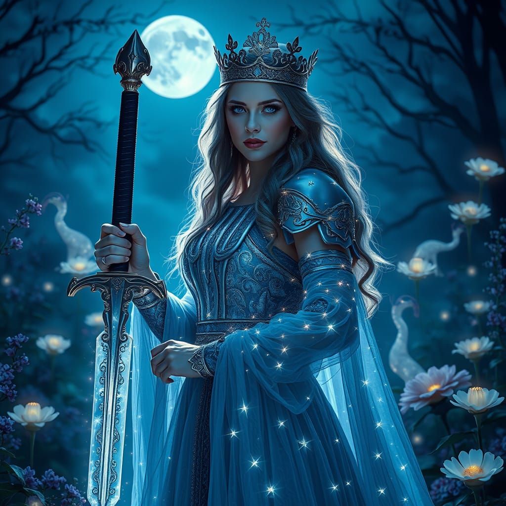 Celestial Knight in Moonlit Garden: Photorealistic Art