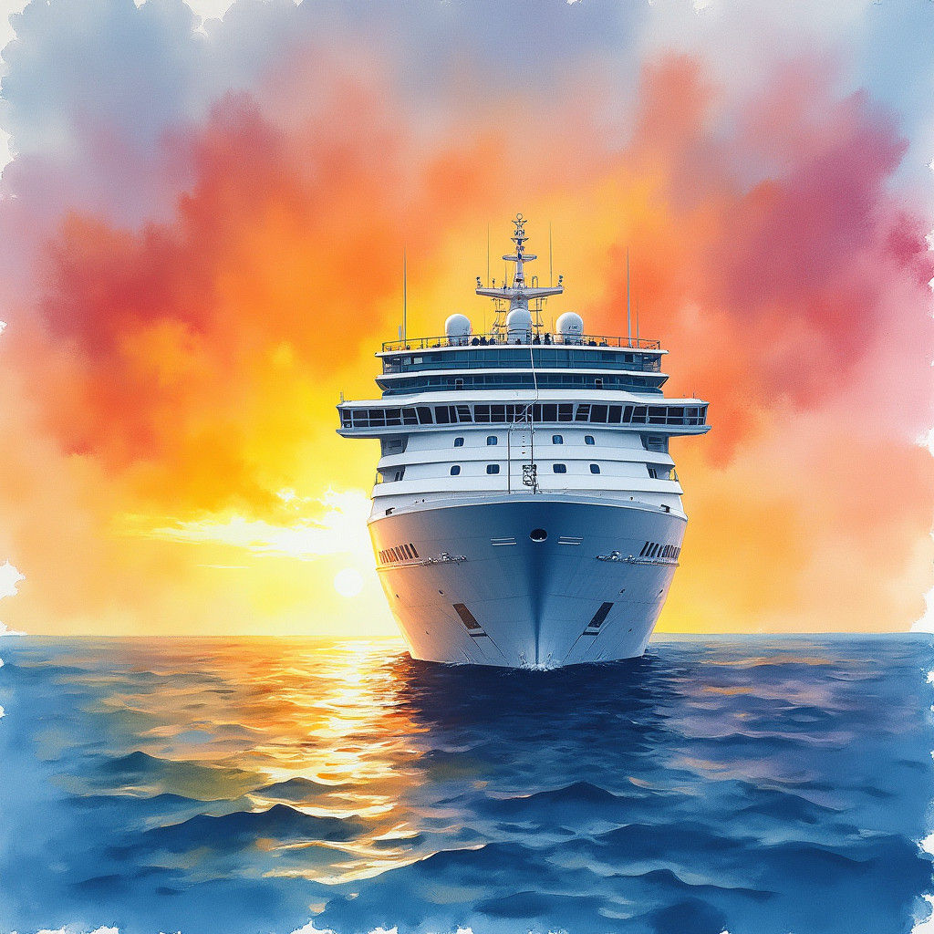 Cruise Ship at Sunrise Watercolor Painting