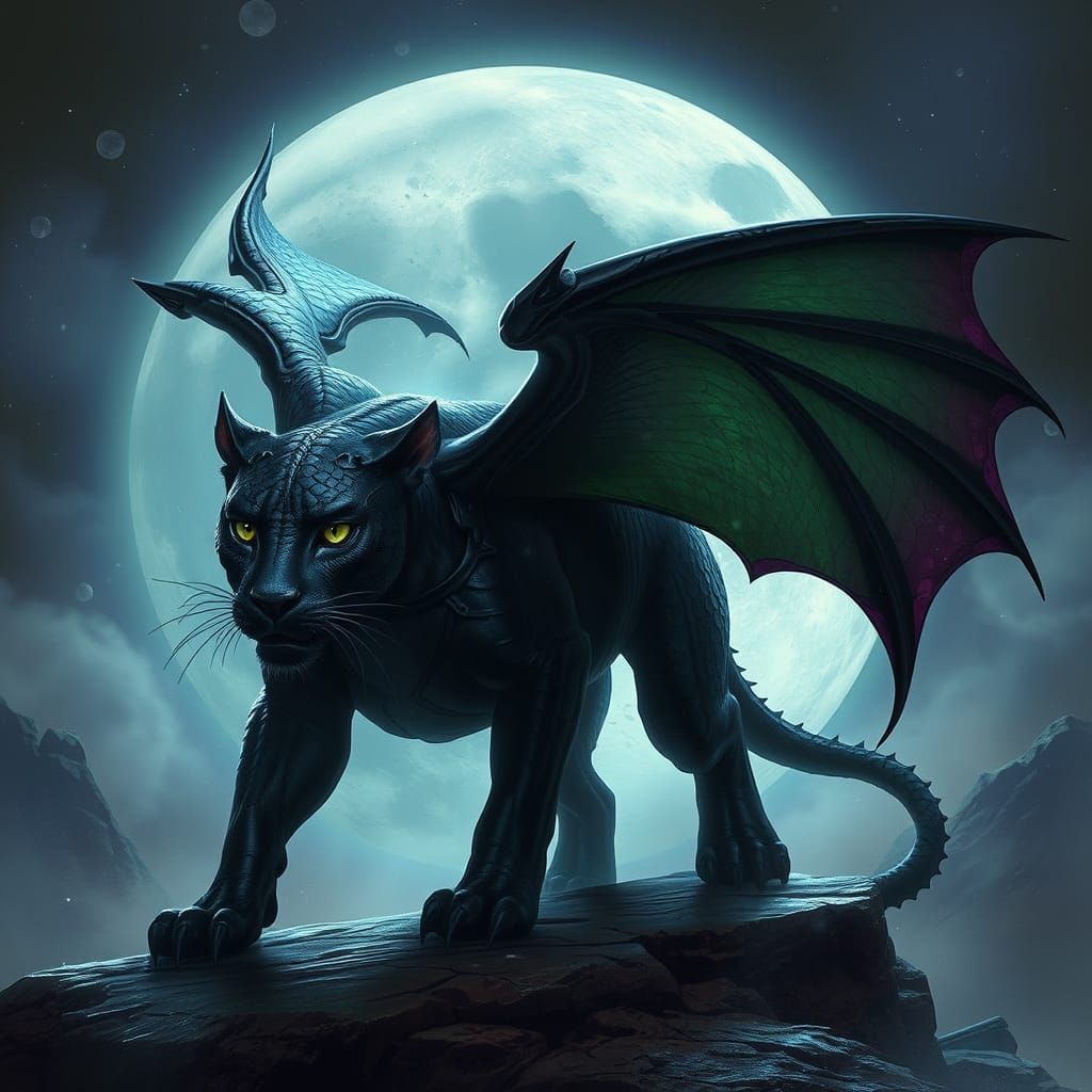Mystical Panther Dragon Hybrid in Ethereal Moonscape