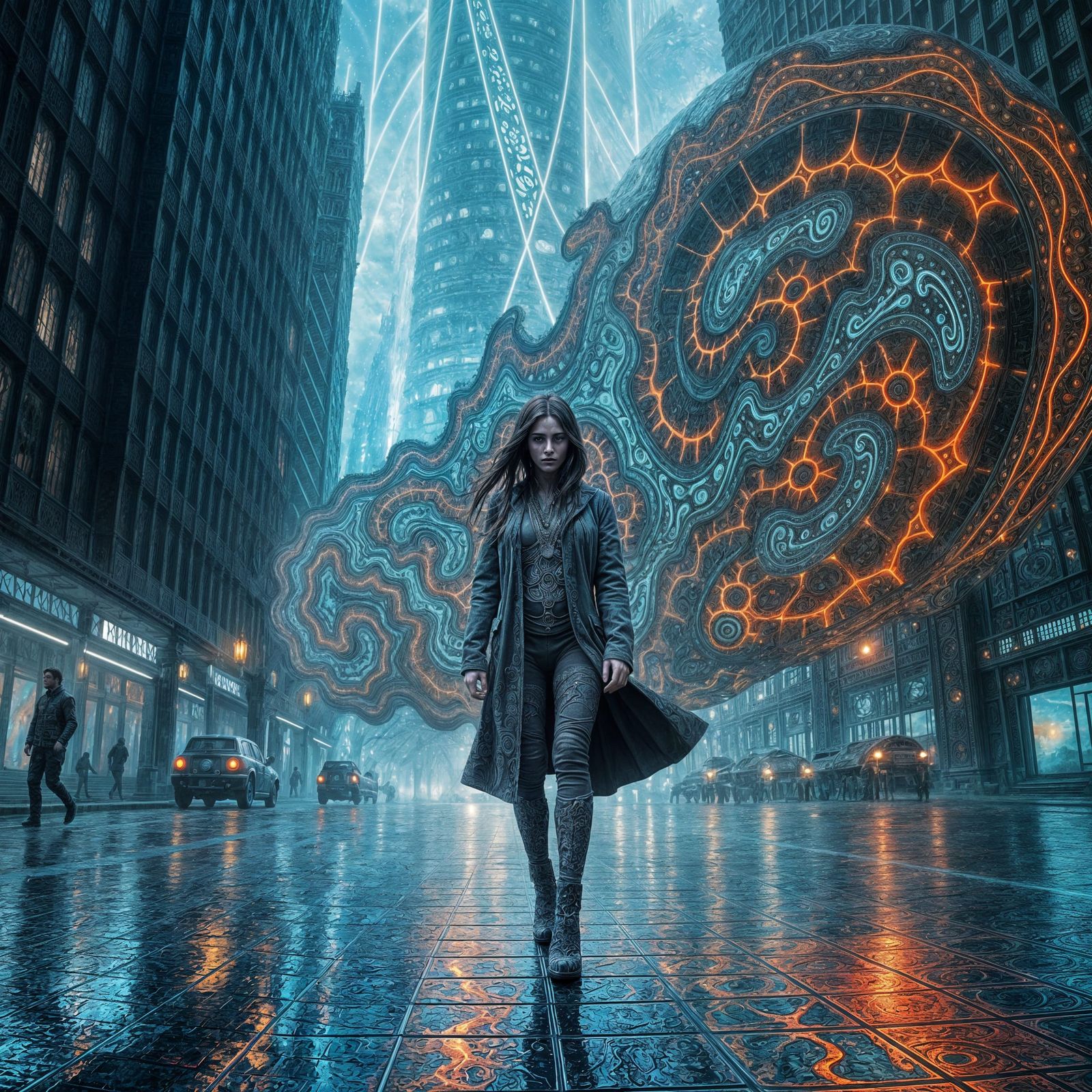 Cyberpunk Protagonist in Fractal Cityscape