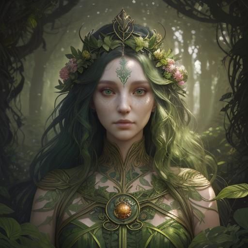 Ethereal Green Earth Goddess in Woodland Setting
