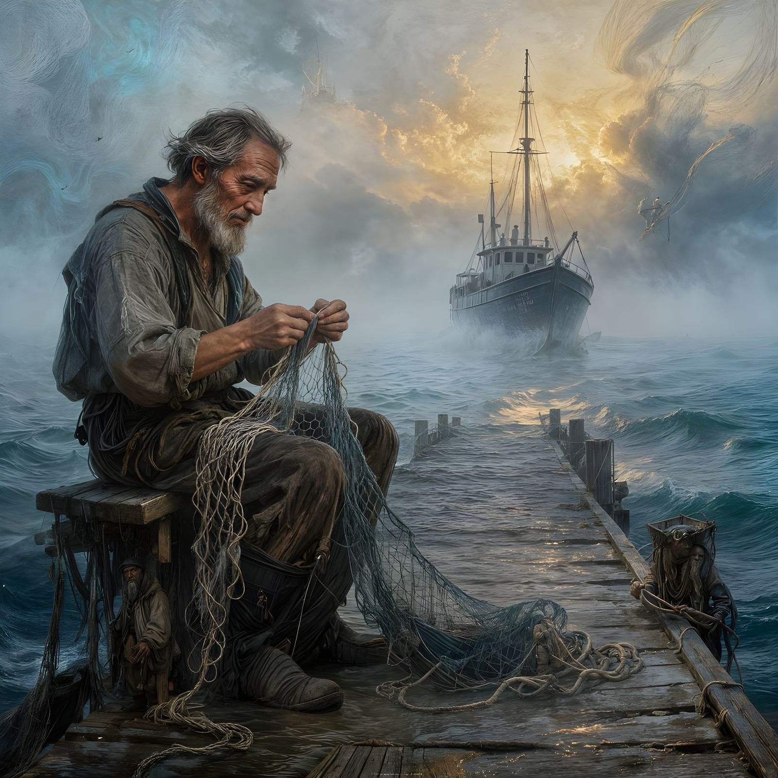 Fisherman Mending Nets at Dusk Oil Painting